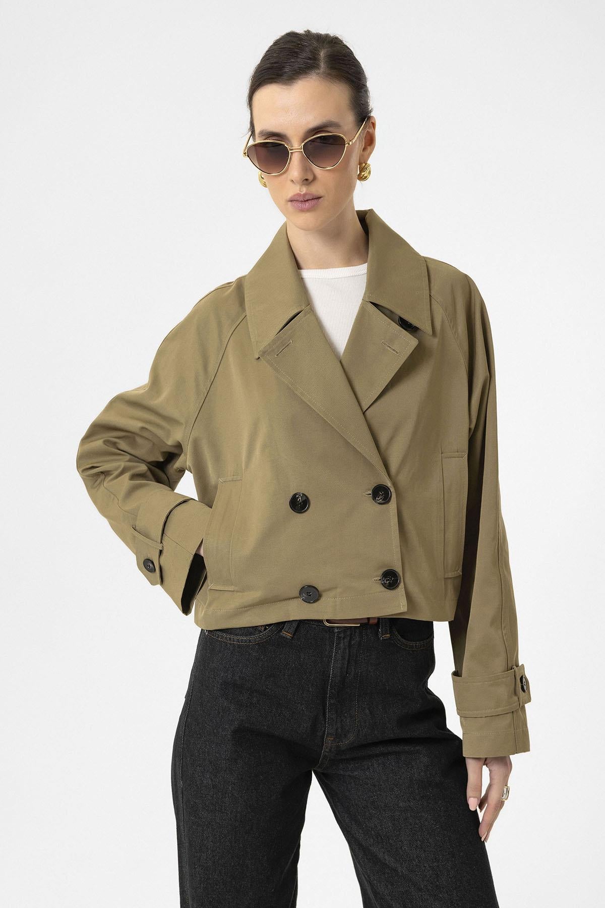 Antioch-Haki Kadın Kruvaze Kısa Trençkot-Trençkot-5-Milagron.com