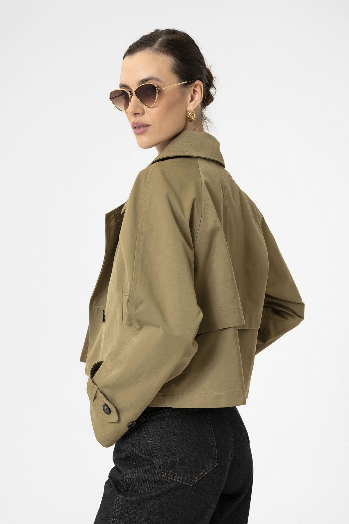 Antioch-Haki Kadın Kruvaze Kısa Trençkot-Trençkot-6-Milagron.com