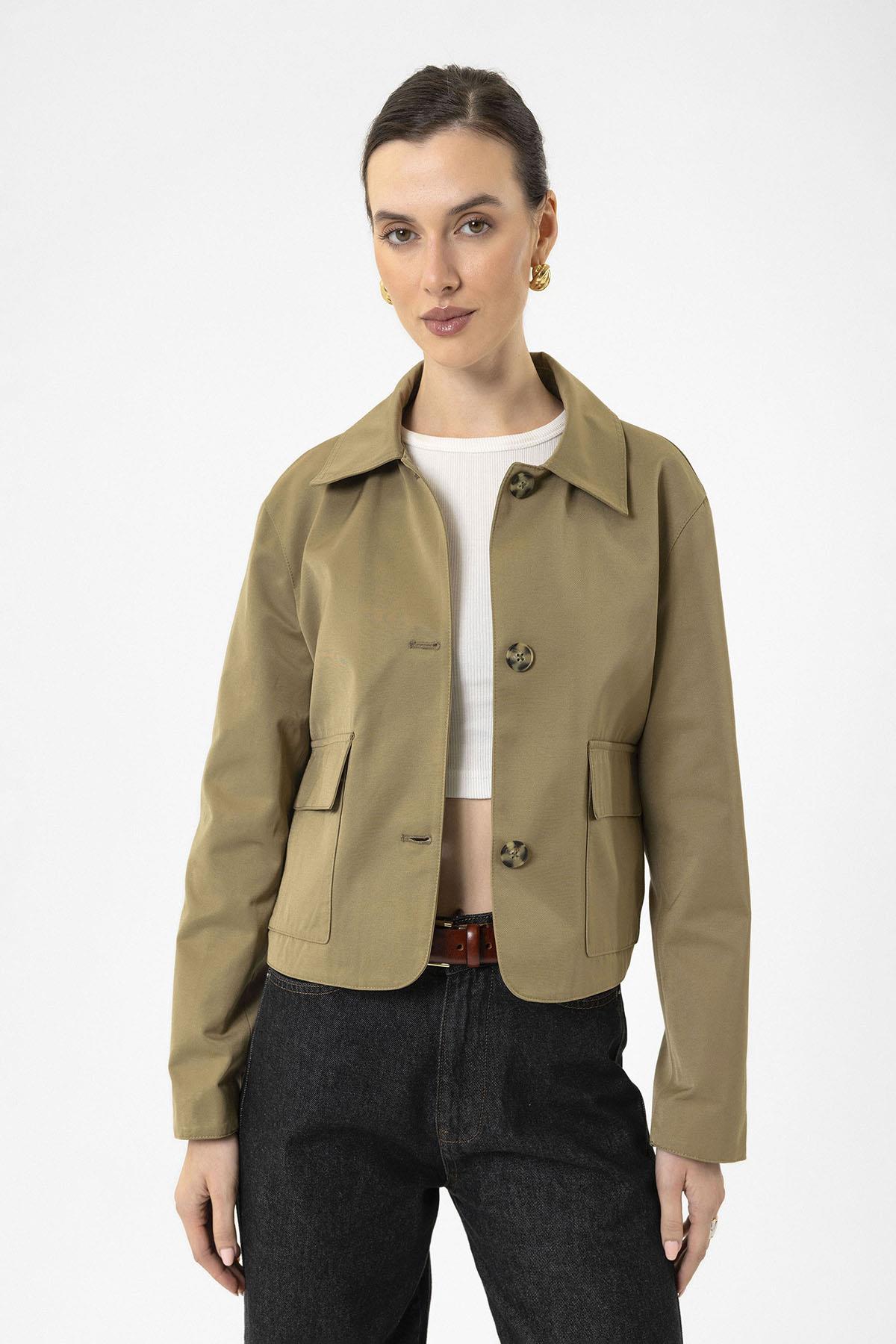 Antioch-Haki Kadın Mevsimlik İnce Kısa Ceket-Ceket-1-Milagron.com