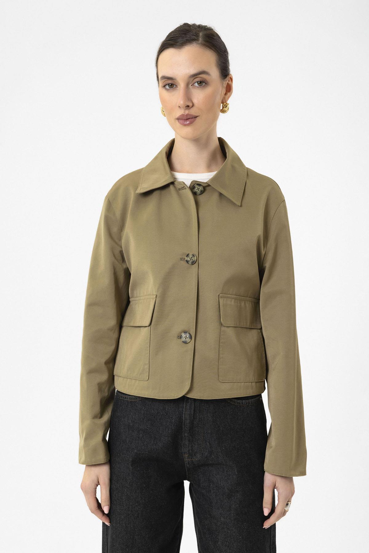 Antioch-Haki Kadın Mevsimlik İnce Kısa Ceket-Ceket-4-Milagron.com