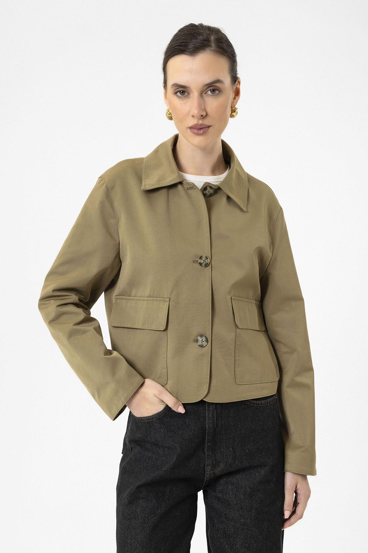 Antioch-Haki Kadın Mevsimlik İnce Kısa Ceket-Ceket-5-Milagron.com