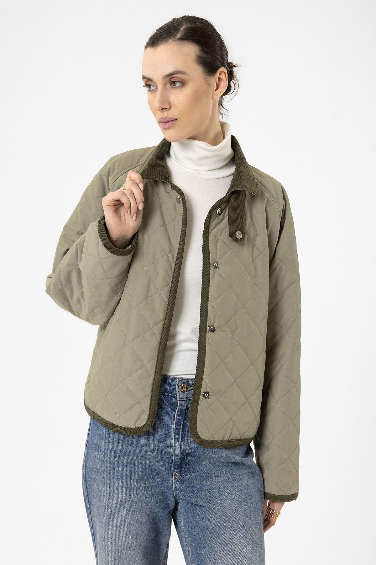 Antioch-Haki Kadın Polo Yaka Kapitone Mont-Mont-4-Milagron.com