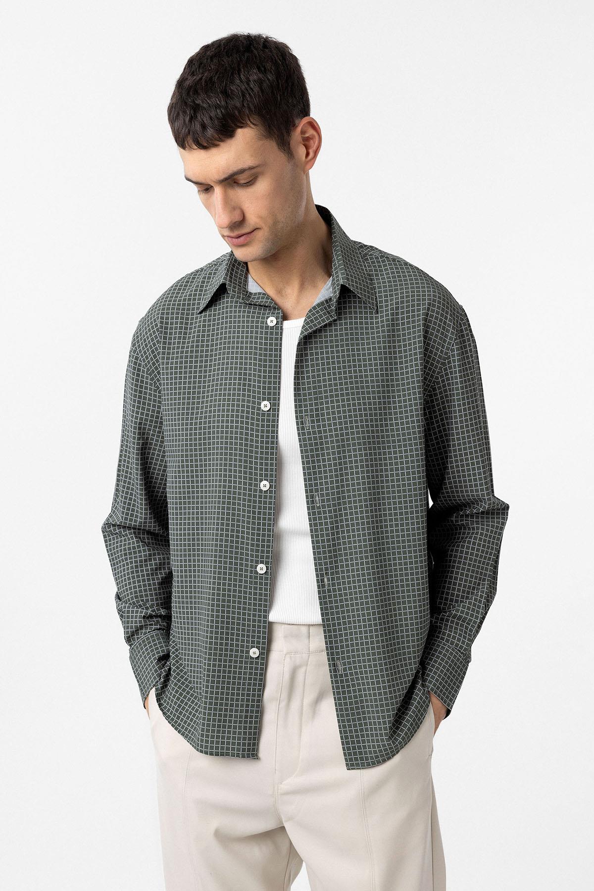 Antioch-Haki Kareli Erkek Rahat Kalıp Erkek Gömlek-Gömlek-3-Milagron.com