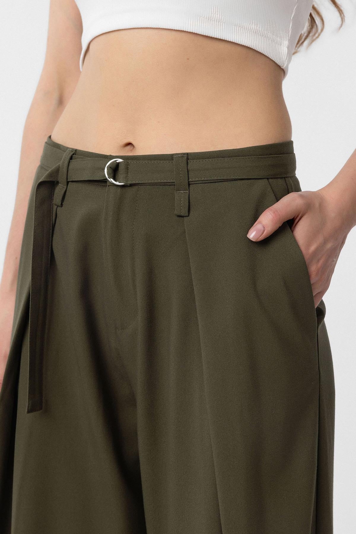 Antioch-Haki Kemerli Pilili Kadın Pantolon-Kumaş Pantolon-3-Milagron.com