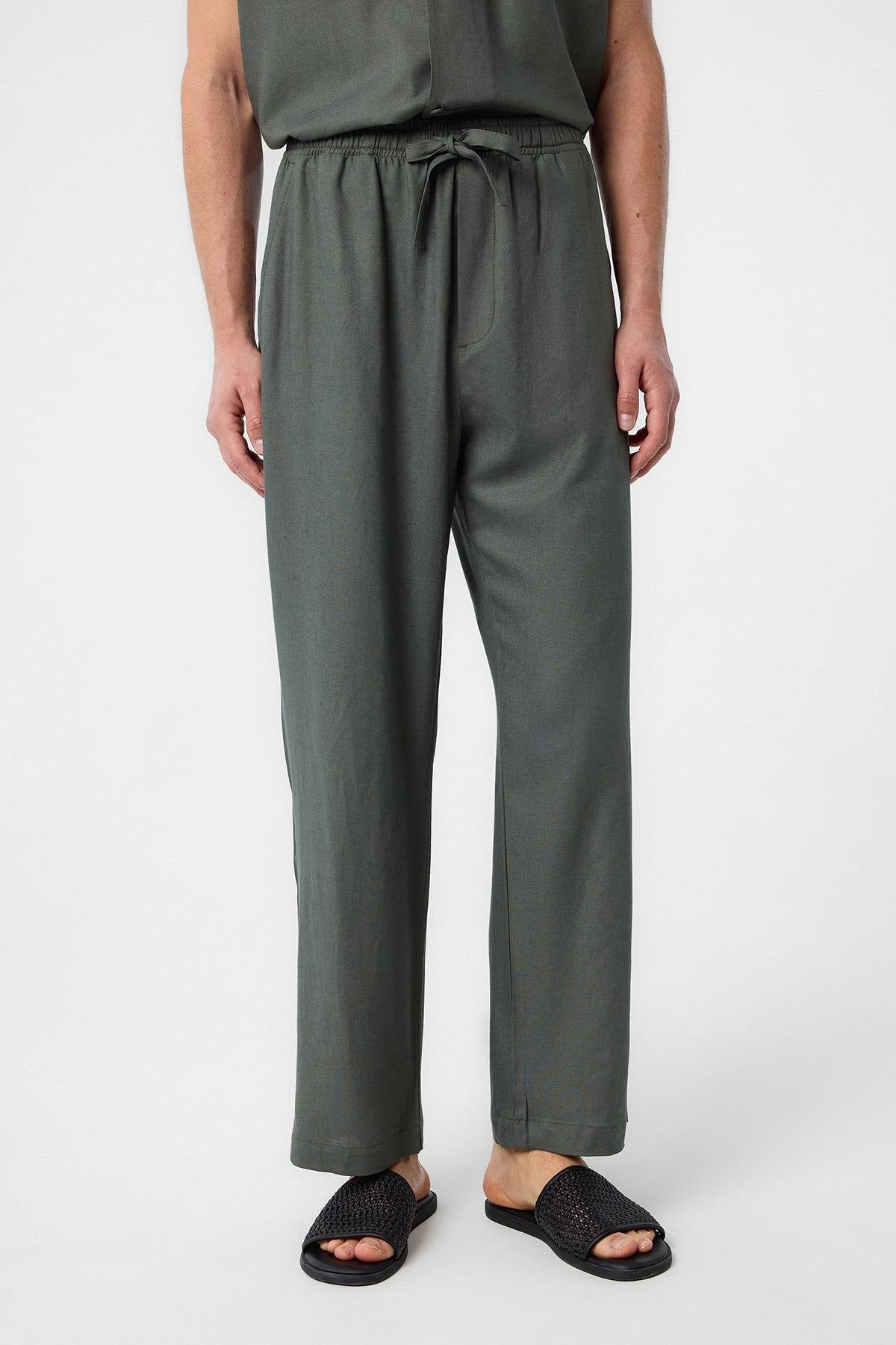 Antioch-Haki Keten Karışımlı Jogger Erkek Pantolon-Kumaş Pantolon-1-Milagron.com