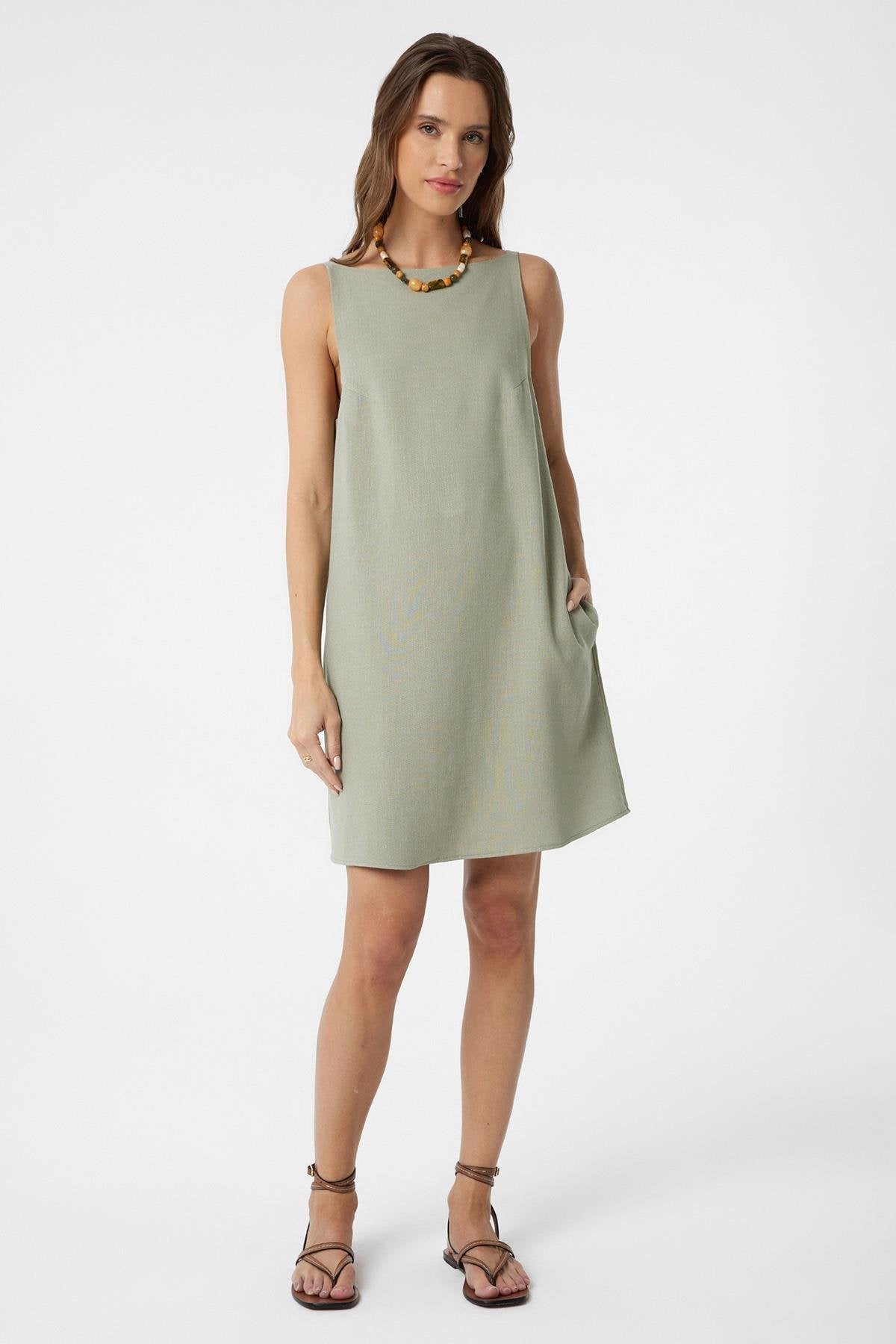 Antioch-Haki Keten Karışımlı Kadın Mini Elbise-Elbise-2-Milagron.com