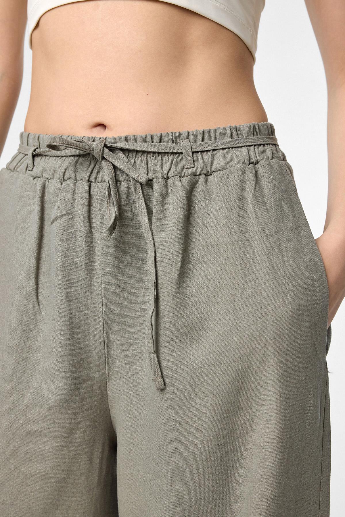 Antioch-Haki Keten Karışımlı Kadın Pantolon-Kumaş Pantolon-3-Milagron.com