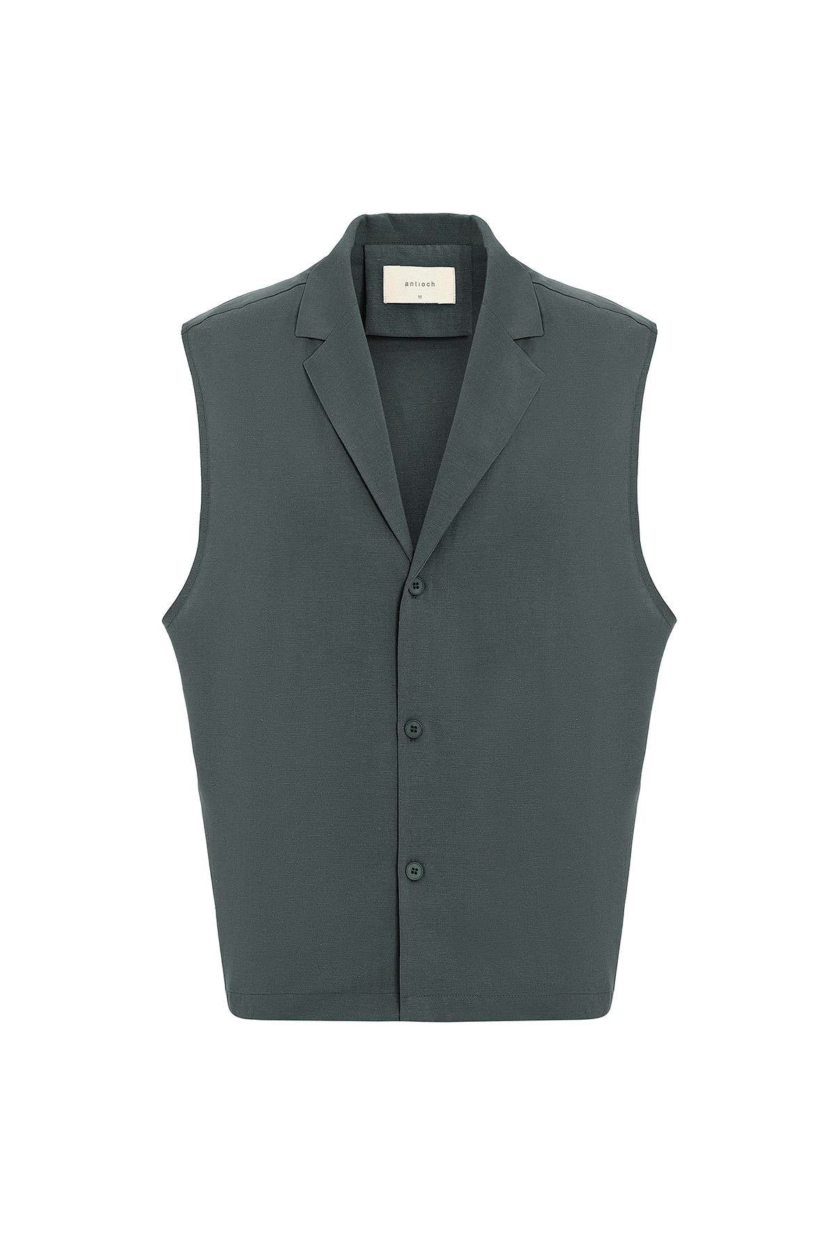 Antioch-Haki Keten Karışımlı Kolsuz Erkek Gömlek-Gömlek-6-Milagron.com