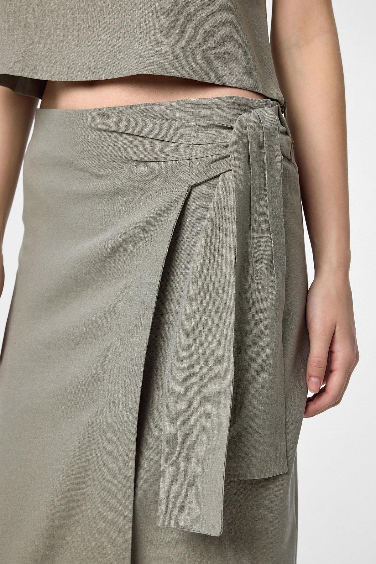 Antioch-Haki Keten Karışımlı Kuşaklı Kadın Etek-Etek-3-Milagron.com