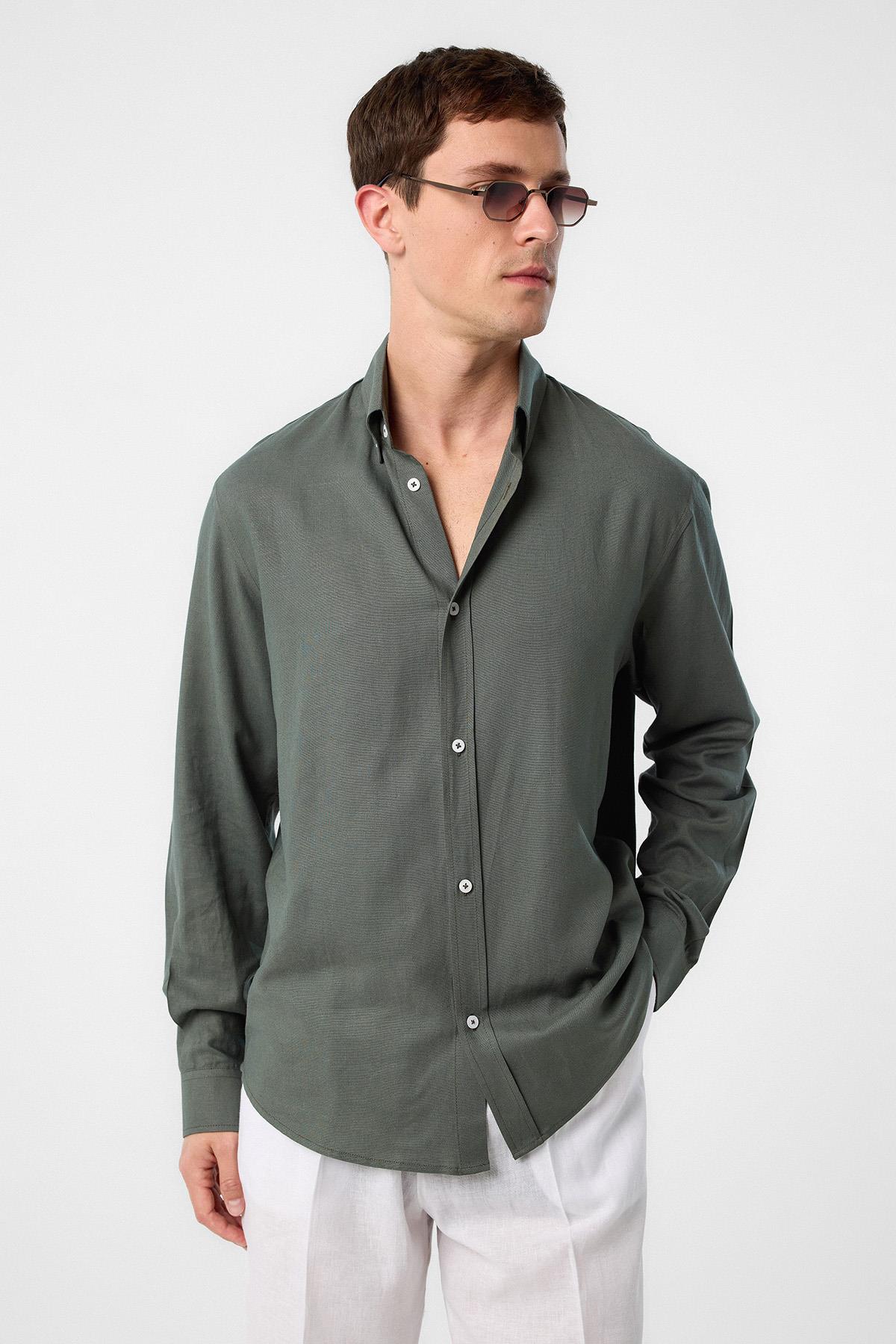 Antioch-Antioch Haki Keten Karışımlı Yaka Düğmeli Erkek Gömlek-Gömlek-1-Milagron.com