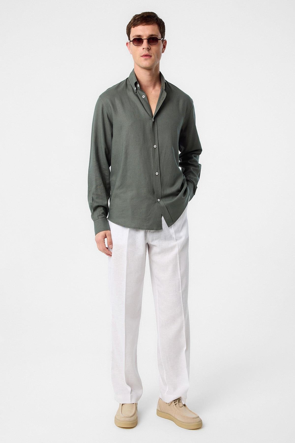 Antioch-Antioch Haki Keten Karışımlı Yaka Düğmeli Erkek Gömlek-Gömlek-2-Milagron.com