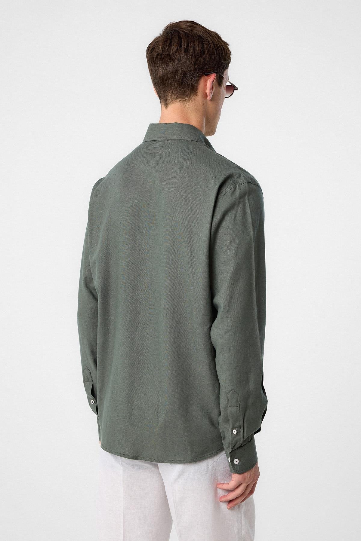 Antioch-Antioch Haki Keten Karışımlı Yaka Düğmeli Erkek Gömlek-Gömlek-3-Milagron.com