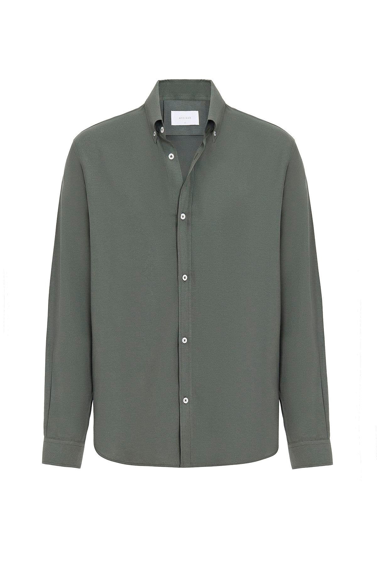 Antioch-Antioch Haki Keten Karışımlı Yaka Düğmeli Erkek Gömlek-Gömlek-4-Milagron.com