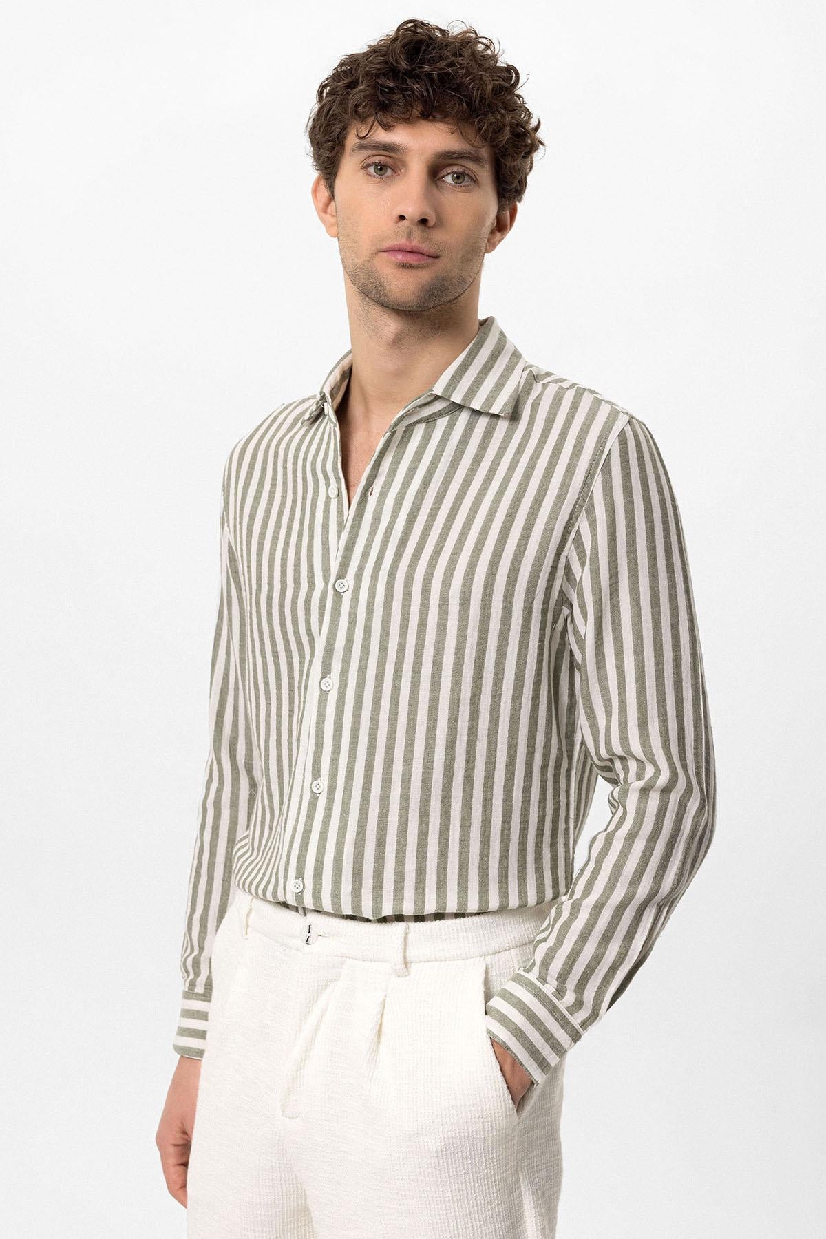 Antioch-Haki Kontrast Çizgili Erkek Gömlek-Gömlek-2-Milagron.com
