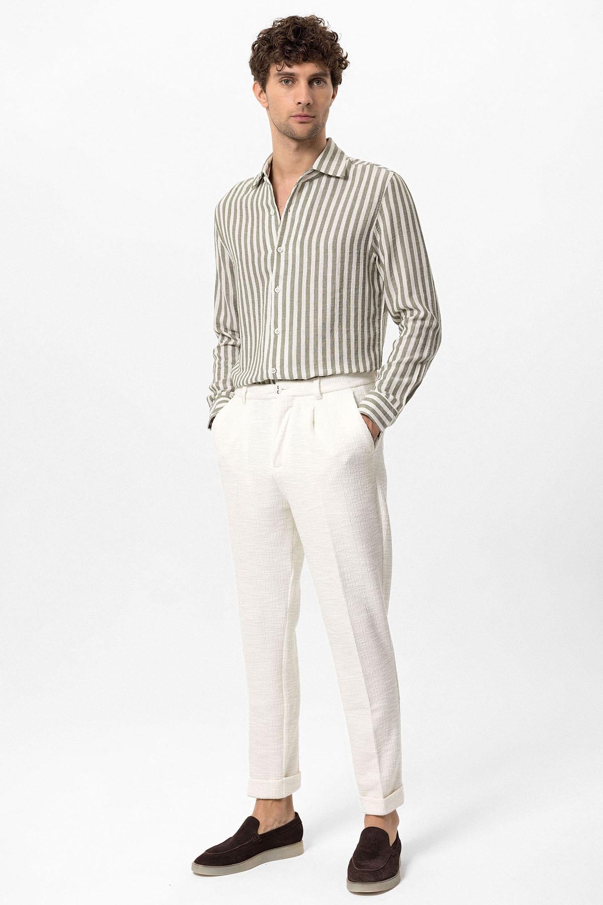 Antioch-Haki Kontrast Çizgili Erkek Gömlek-Gömlek-3-Milagron.com