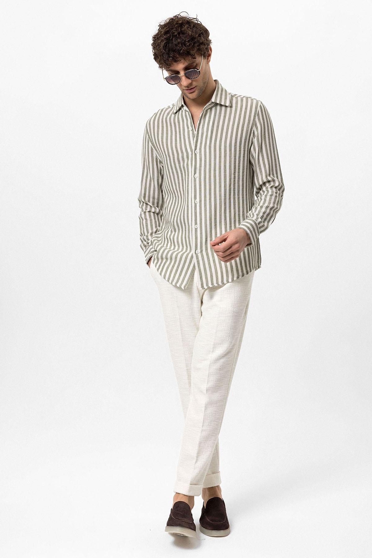Antioch-Haki Kontrast Çizgili Erkek Gömlek-Gömlek-5-Milagron.com