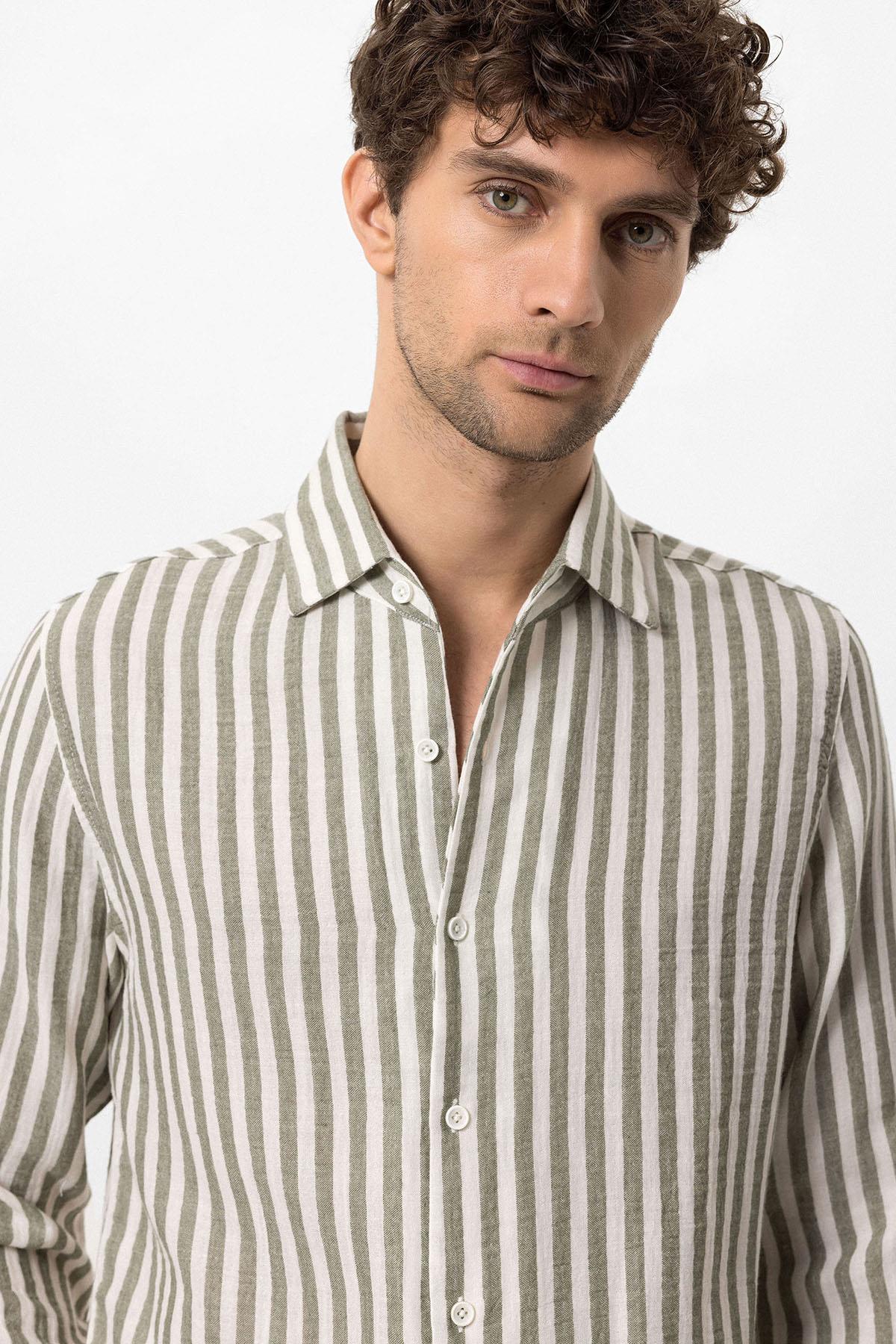 Antioch-Haki Kontrast Çizgili Erkek Gömlek-Gömlek-6-Milagron.com