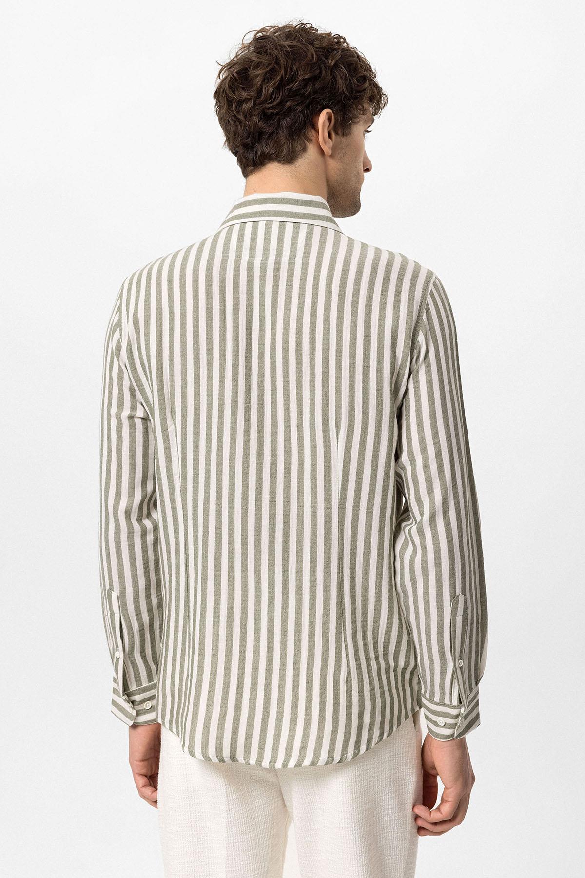 Antioch-Haki Kontrast Çizgili Erkek Gömlek-Gömlek-7-Milagron.com
