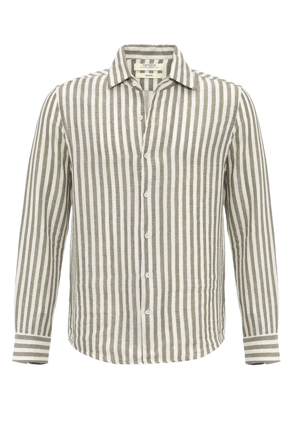 Antioch-Haki Kontrast Çizgili Erkek Gömlek-Gömlek-8-Milagron.com