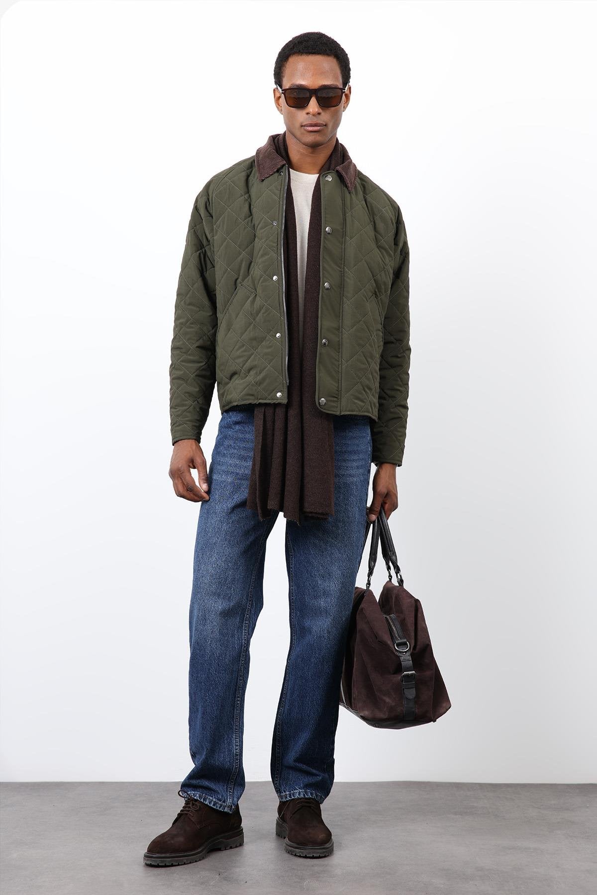 Antioch-Haki Kontrast Yaka Baklava Desenli Erkek Mont-Mont-1-Milagron.com