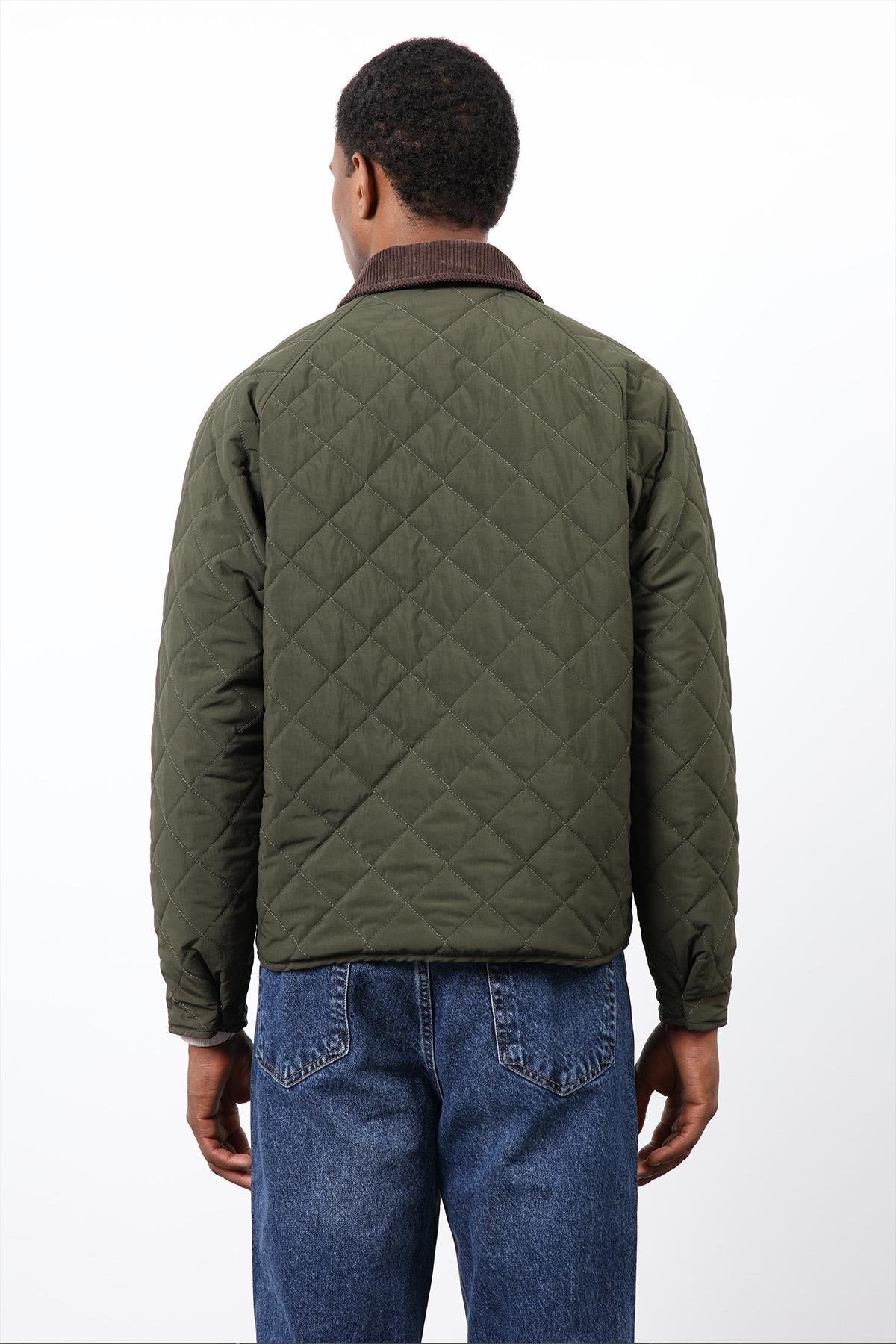 Antioch-Haki Kontrast Yaka Baklava Desenli Erkek Mont-Mont-6-Milagron.com