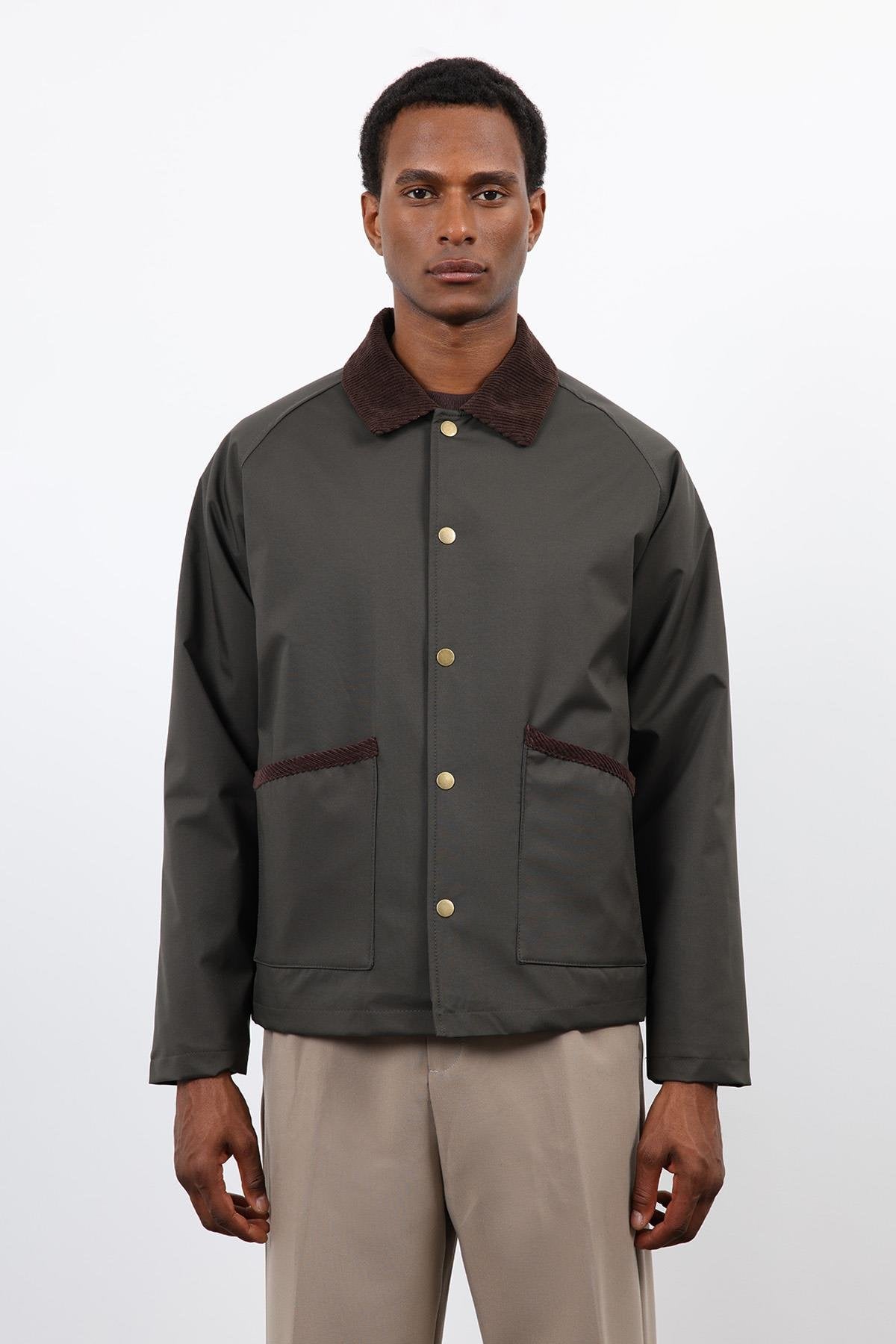 Antioch-Haki Kontrast Yaka Erkek Mont-Mont-6-Milagron.com