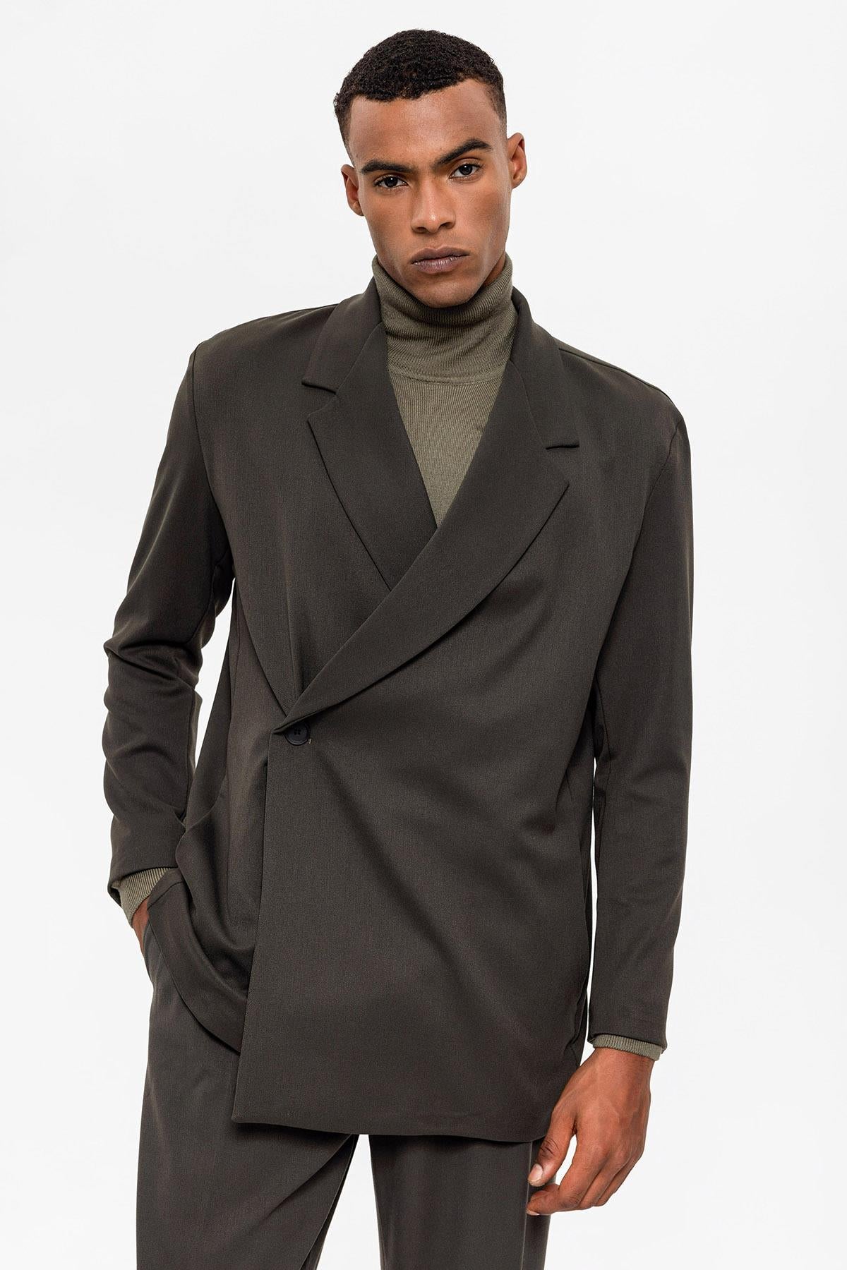 Antioch-Haki Kruvaze Kapama Gizli Cep Erkek Blazer Ceket-Ceket-2-Milagron.com