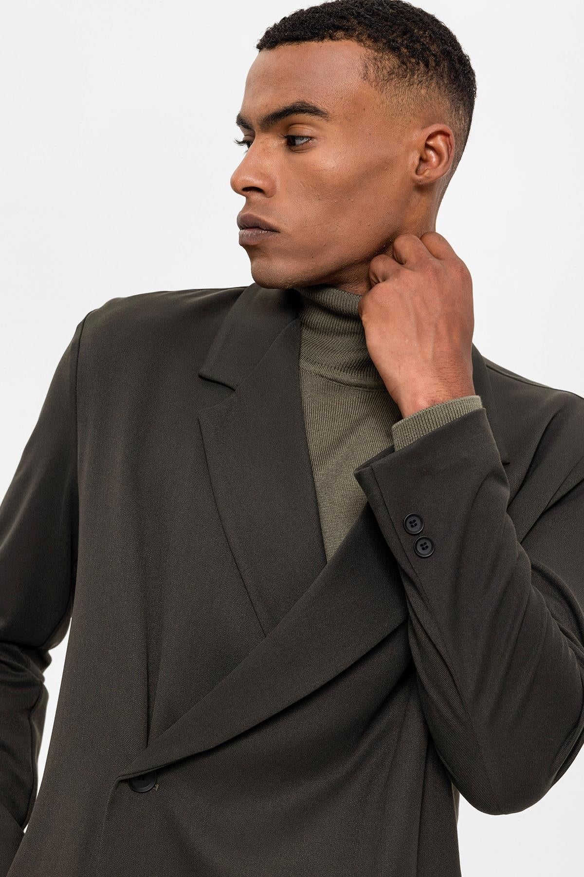Antioch-Haki Kruvaze Kapama Gizli Cep Erkek Blazer Ceket-Ceket-4-Milagron.com