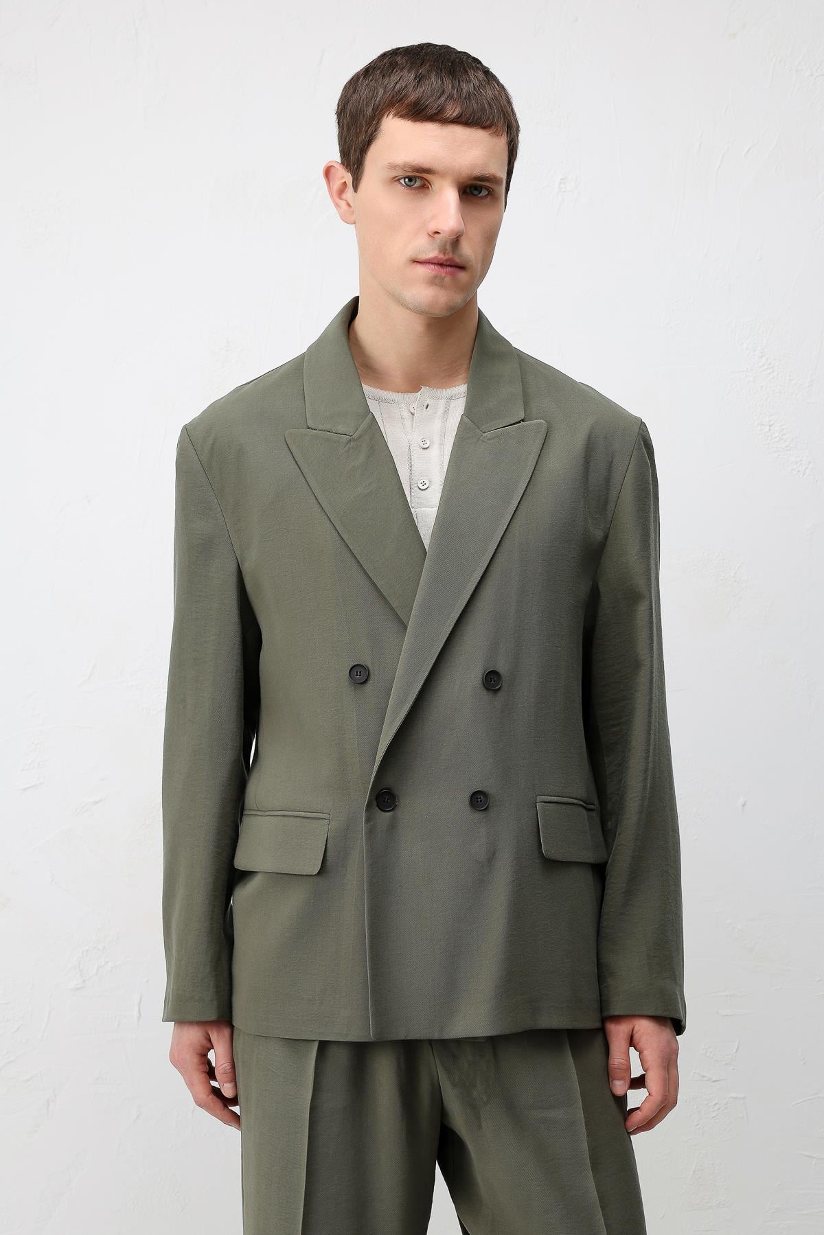 Antioch Haki Modal Karışımlı Relaxed Fit Erkek Blazer Ceket