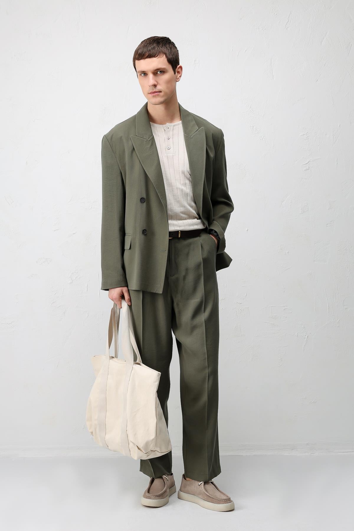 Antioch Haki Modal Karışımlı Relaxed Fit Erkek Blazer Ceket