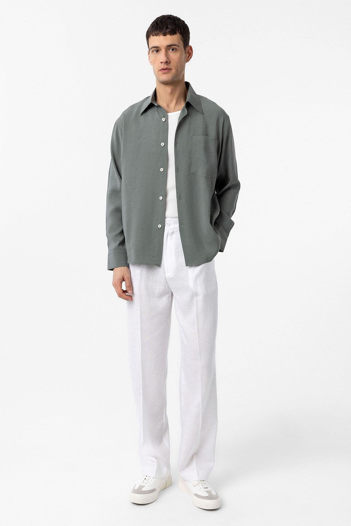 Antioch-Haki Modal Kumaş Relax Fit Erkek Gömlek-Gömlek-2-Milagron.com