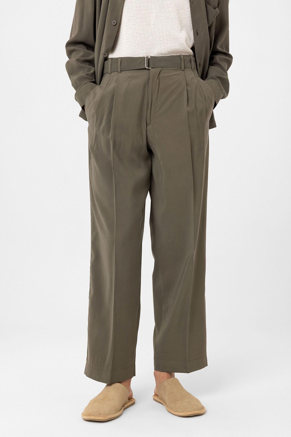 Antioch-Haki Modal Kumaş Relax Fit Kemerli Erkek Pantolon-Kumaş Pantolon-3-Milagron.com