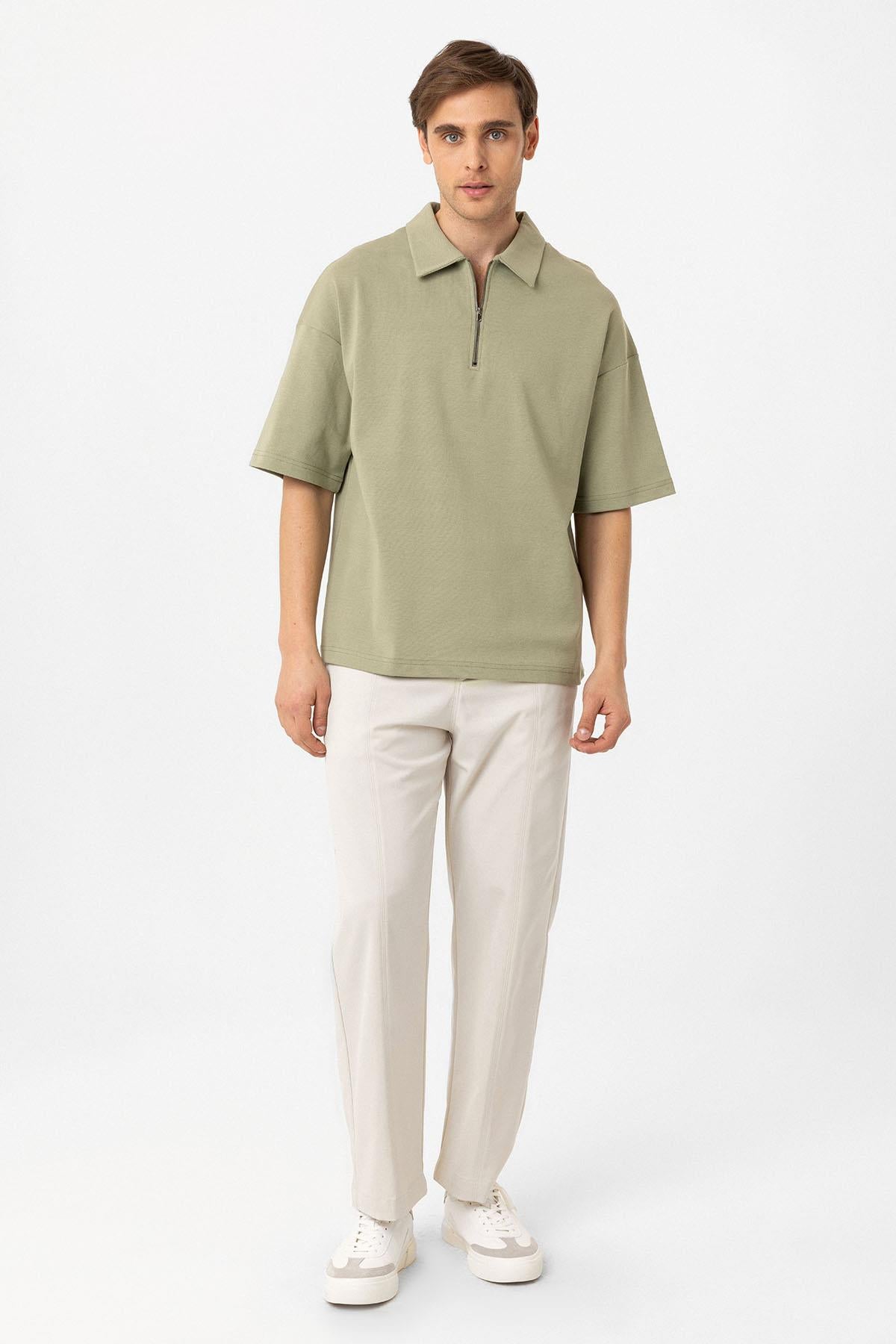 Antioch-Haki Oversize Polo Yaka Fermuarlı Erkek T Shirt-T-Shirts-2-Milagron.com