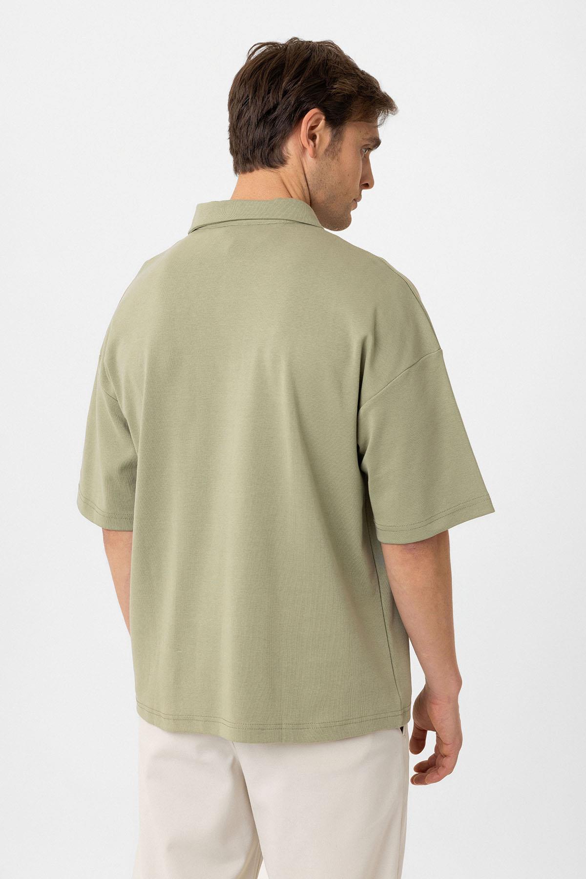 Antioch-Haki Oversize Polo Yaka Fermuarlı Erkek T Shirt-T-Shirts-4-Milagron.com