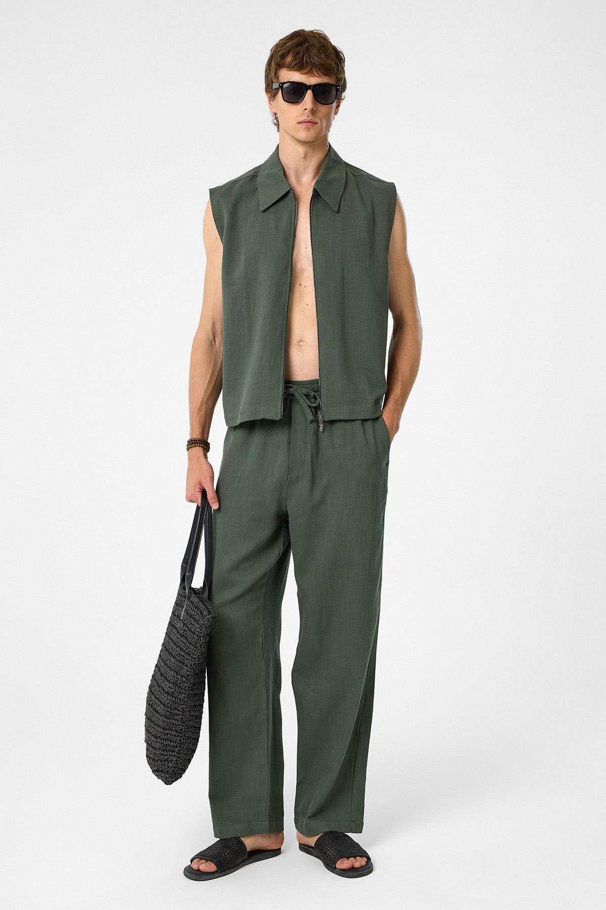 Antioch-Haki Polo Yaka Dokulu Erkek Yelek-Yelek-2-Milagron.com