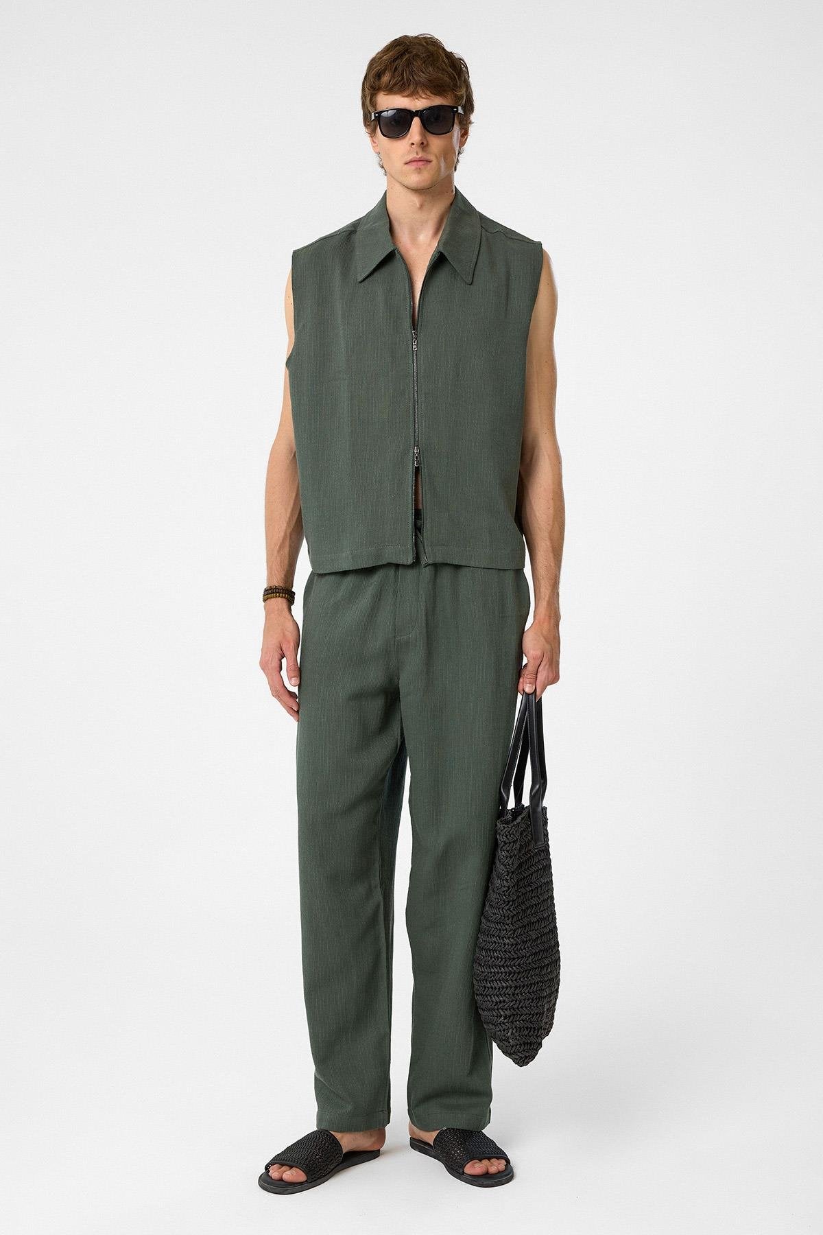 Antioch-Haki Polo Yaka Dokulu Erkek Yelek-Yelek-3-Milagron.com