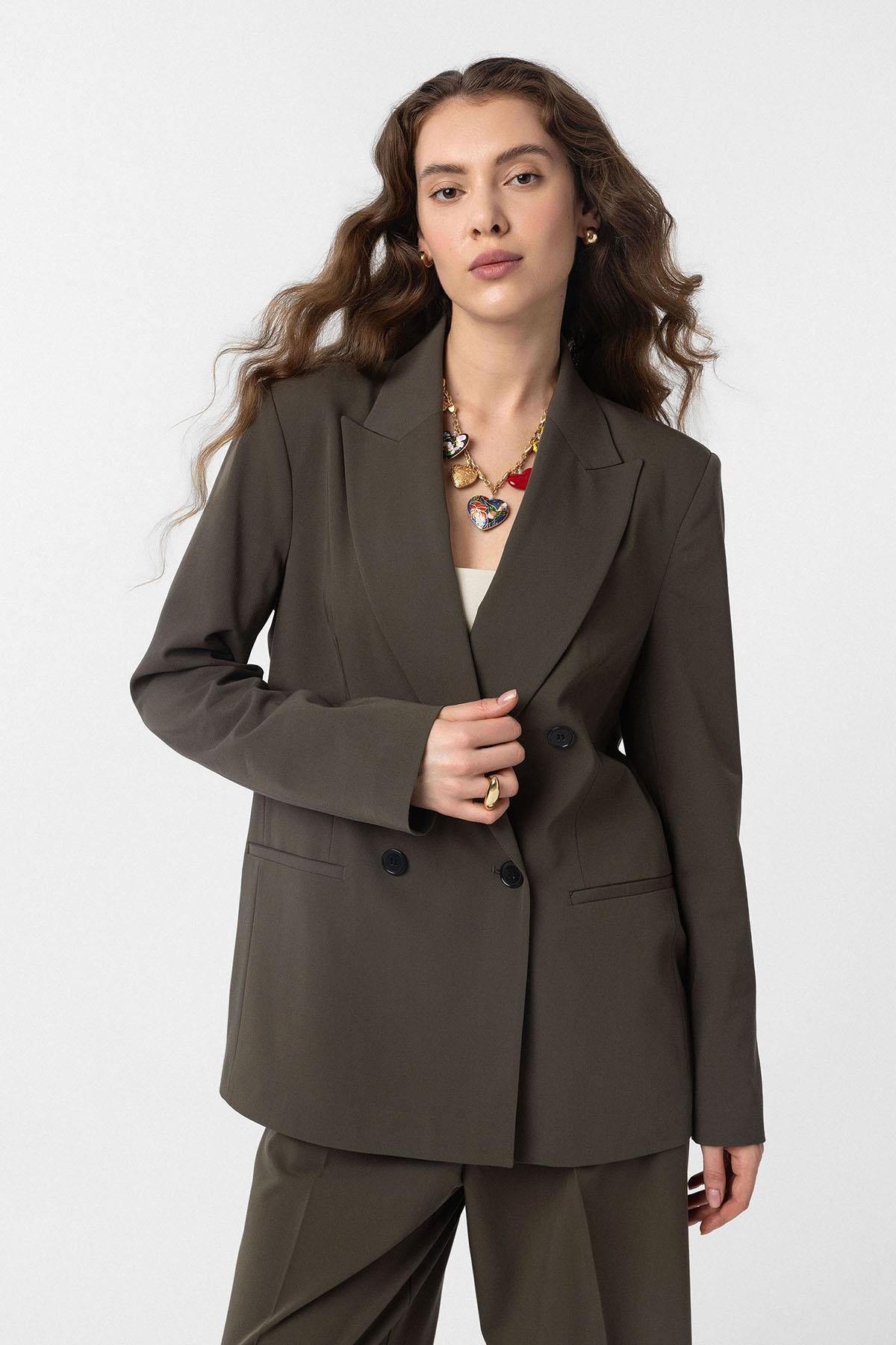 Antioch-Haki Regular Fit Kruvaze Kadın Blazer Ceket-Blazer Ceket-1-Milagron.com