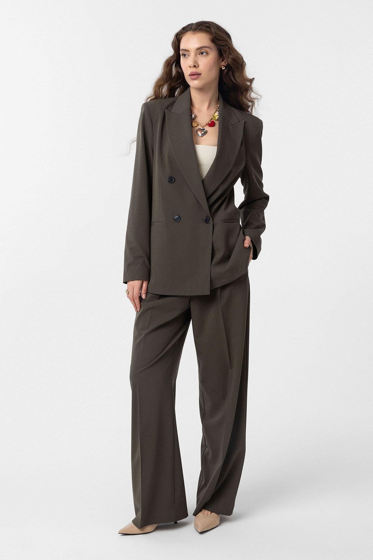 Antioch-Haki Regular Fit Kruvaze Kadın Blazer Ceket-Blazer Ceket-2-Milagron.com