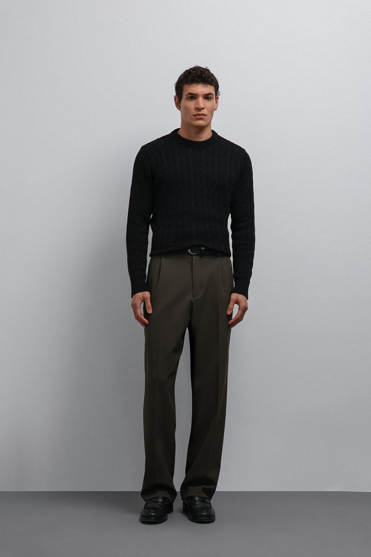 Antioch-Haki Relax Fit Baggy Pilili Erkek Pantolon-Kumaş Pantolon-2-Milagron.com