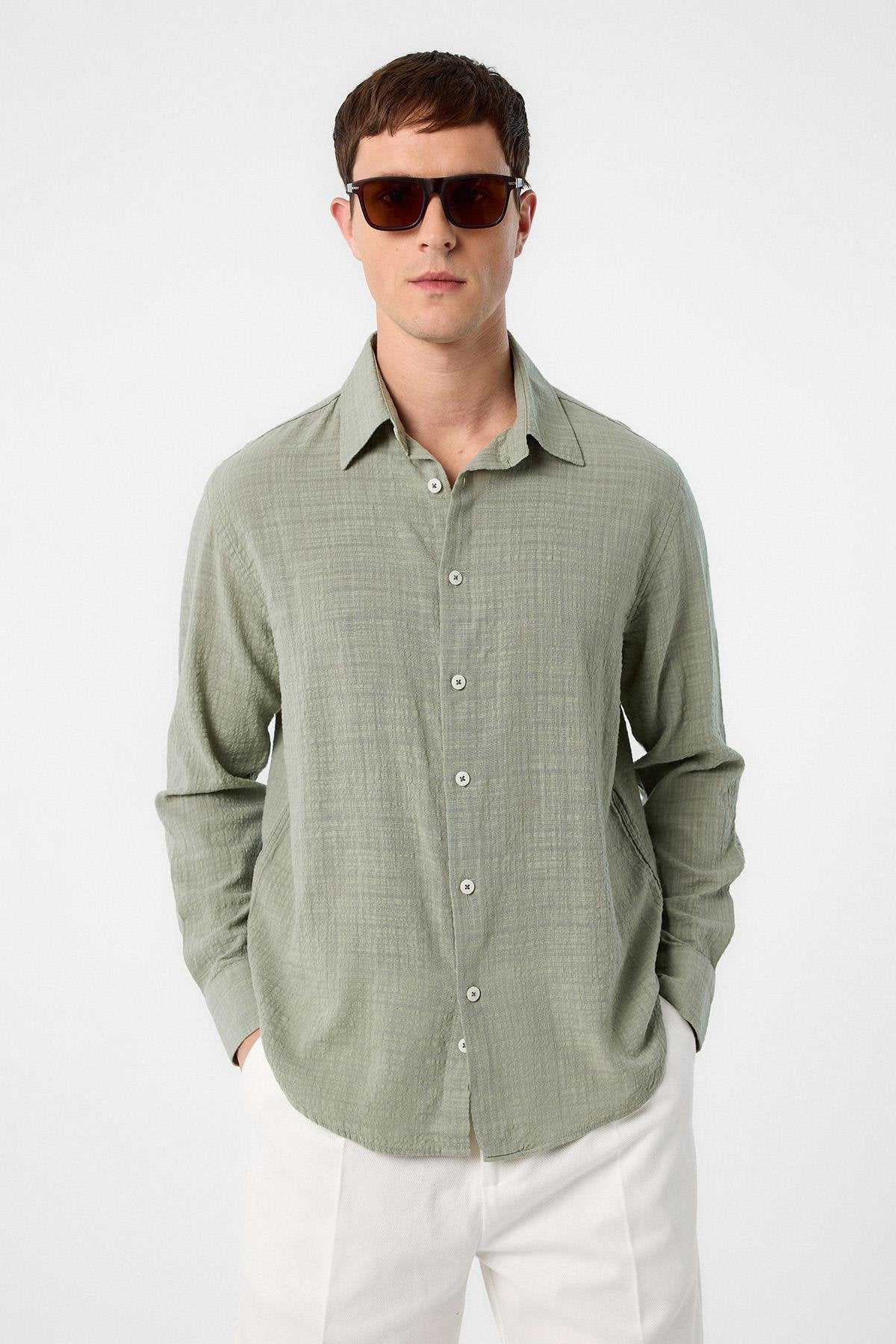 Antioch-Haki Relax Fit Dokulu Erkek Gömlek-Gömlek-1-Milagron.com