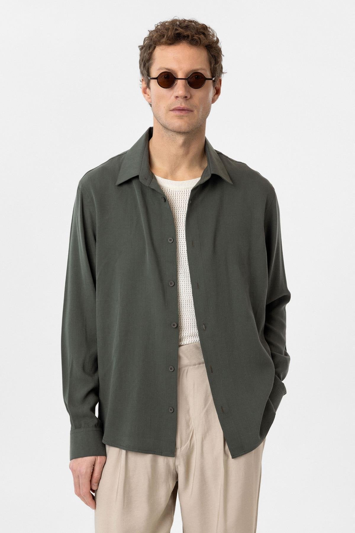 Antioch-Haki Relax Fit Liyosel Kumaş Erkek Gömlek-Gömlek-1-Milagron.com