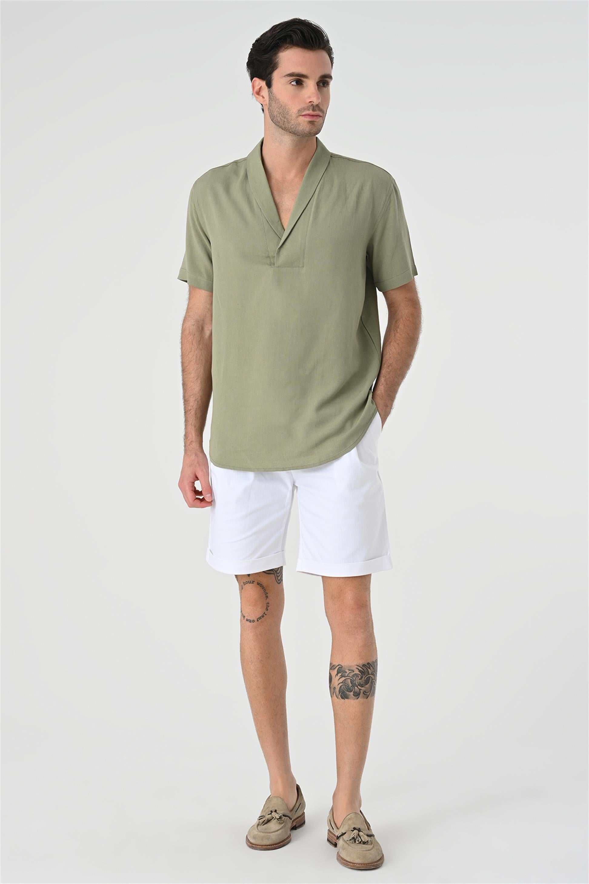 Antioch-Haki Relax Fit Şal Yaka Kısa Kollu Erkek Gömlek-Gömlek-3-Milagron.com