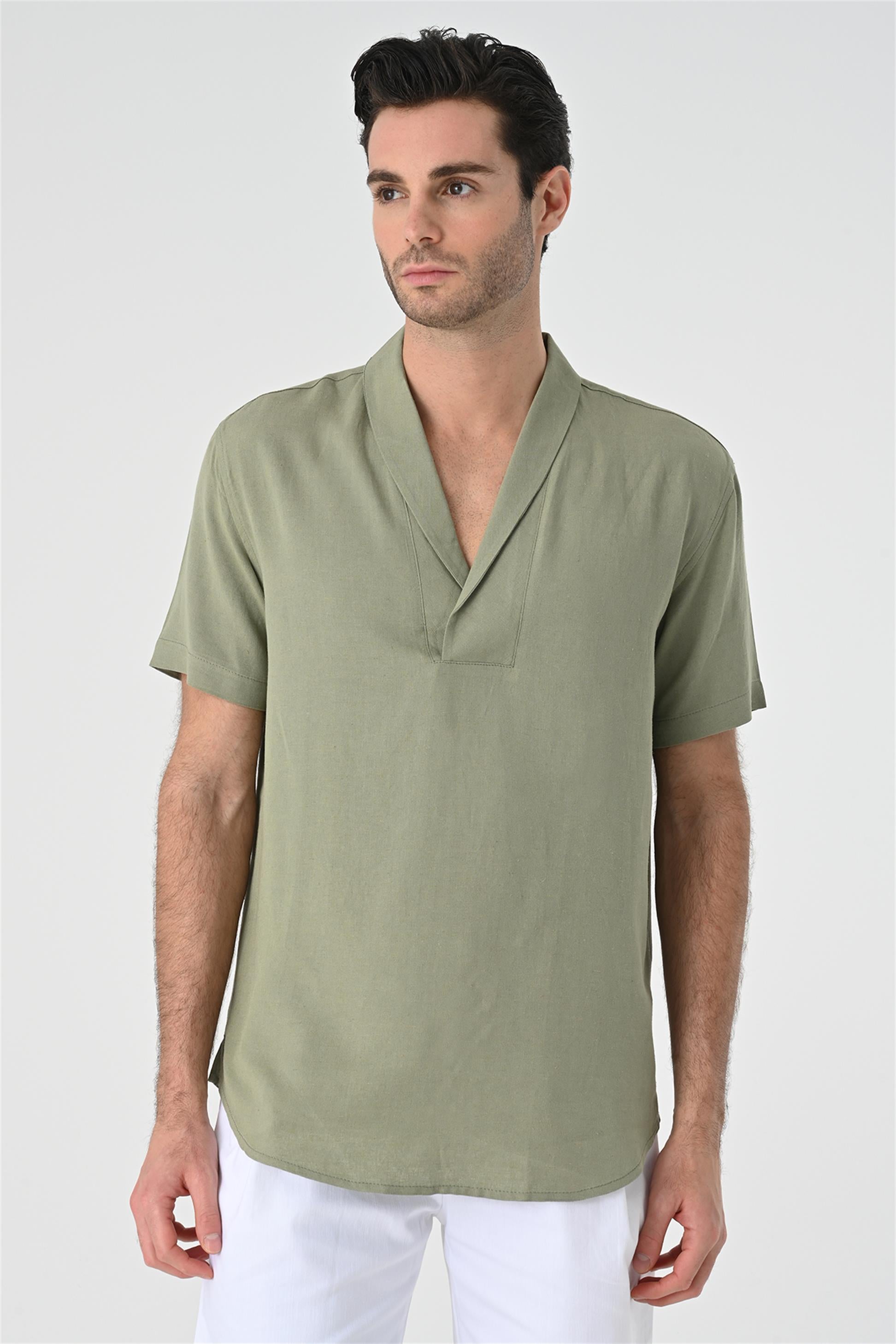 Antioch-Haki Relax Fit Şal Yaka Kısa Kollu Erkek Gömlek-Gömlek-4-Milagron.com