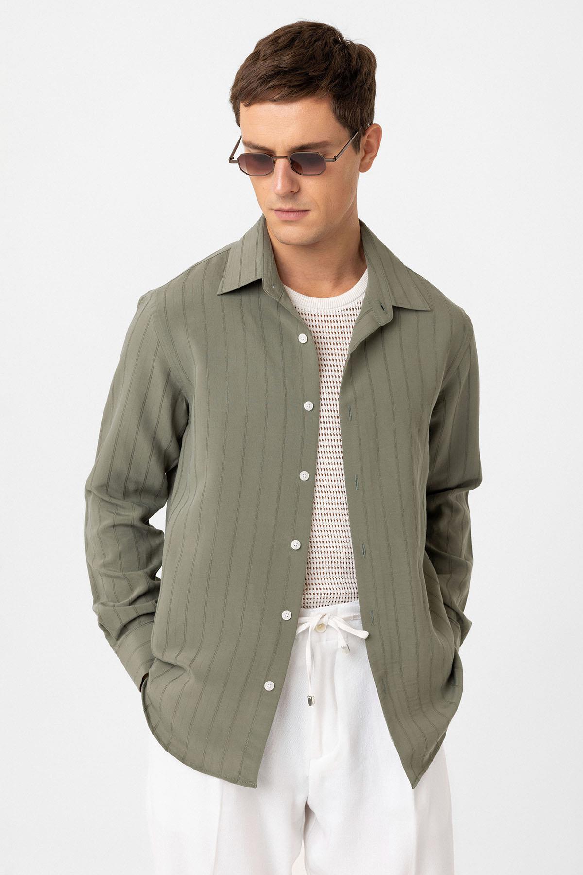 Antioch-Haki Relax Fit çizgili Erkek Gömlek-Gömlek-1-Milagron.com