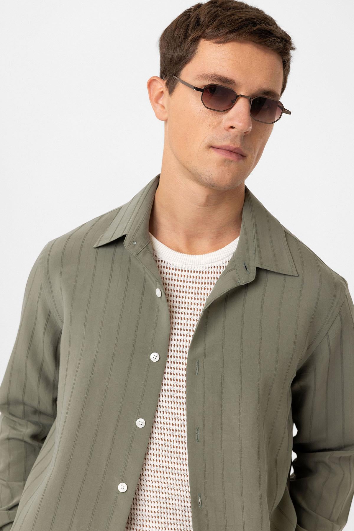 Antioch-Haki Relax Fit çizgili Erkek Gömlek-Gömlek-4-Milagron.com