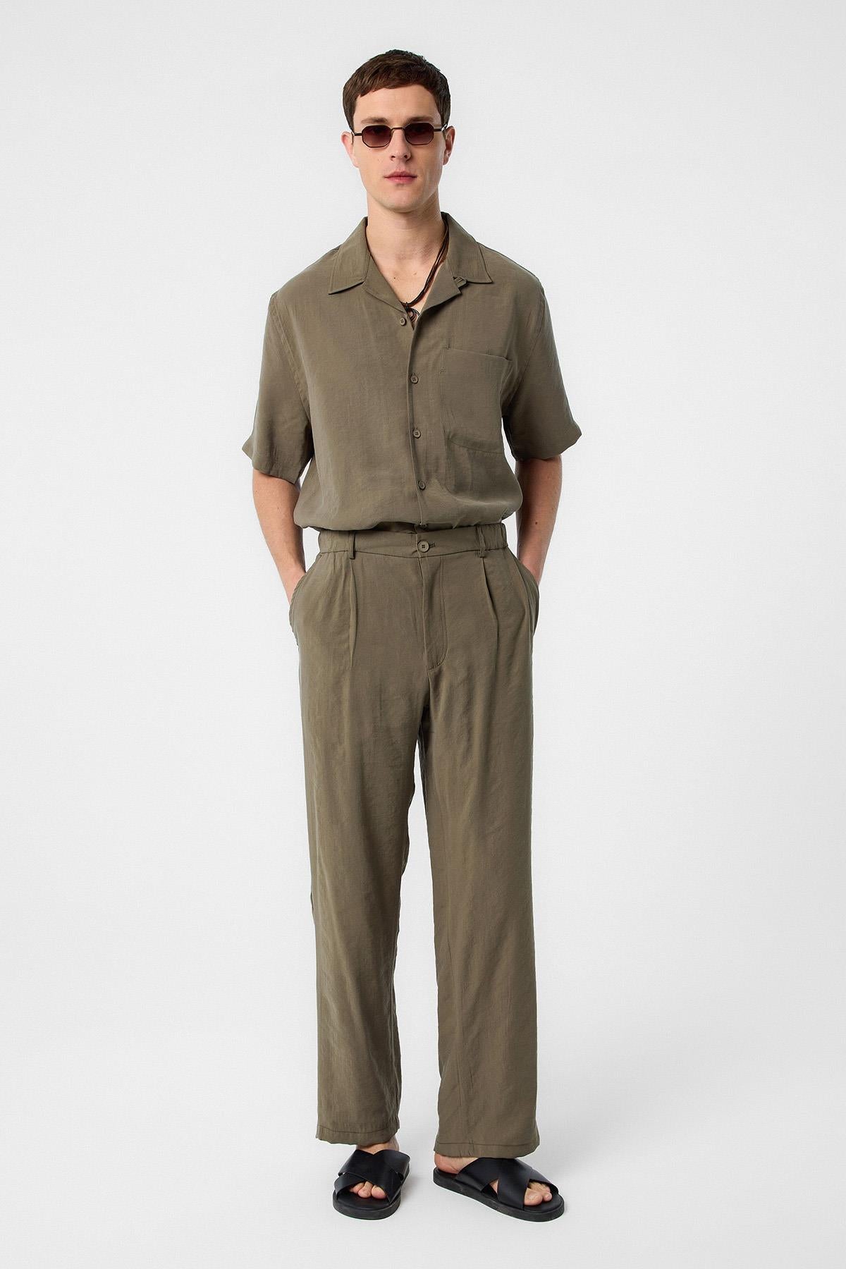 Antioch-Antioch Haki Relaxed Modal Kumaş Yüksek Bel Erkek Pantolon-Kumaş Pantolon-1-Milagron.com