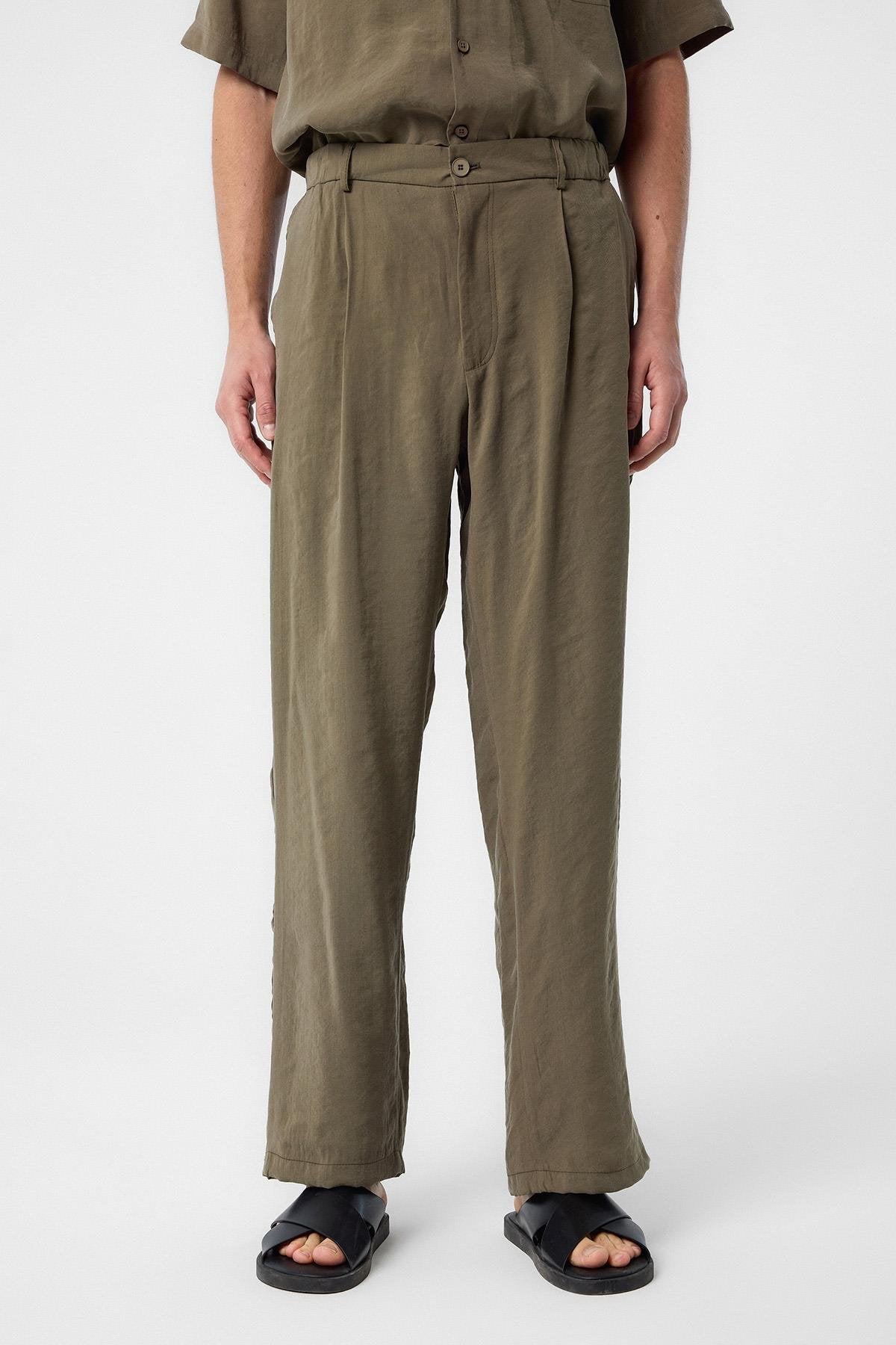 Antioch-Antioch Haki Relaxed Modal Kumaş Yüksek Bel Erkek Pantolon-Kumaş Pantolon-4-Milagron.com