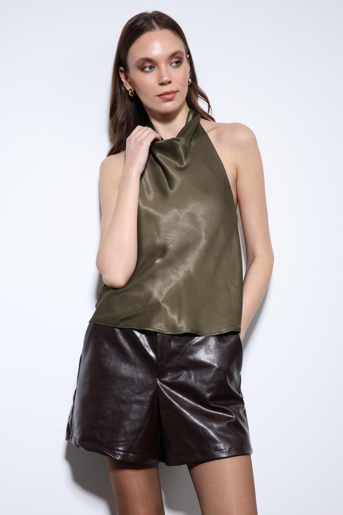 Antioch-Haki Saten Halter Kadın Top-Top-4-Milagron.com