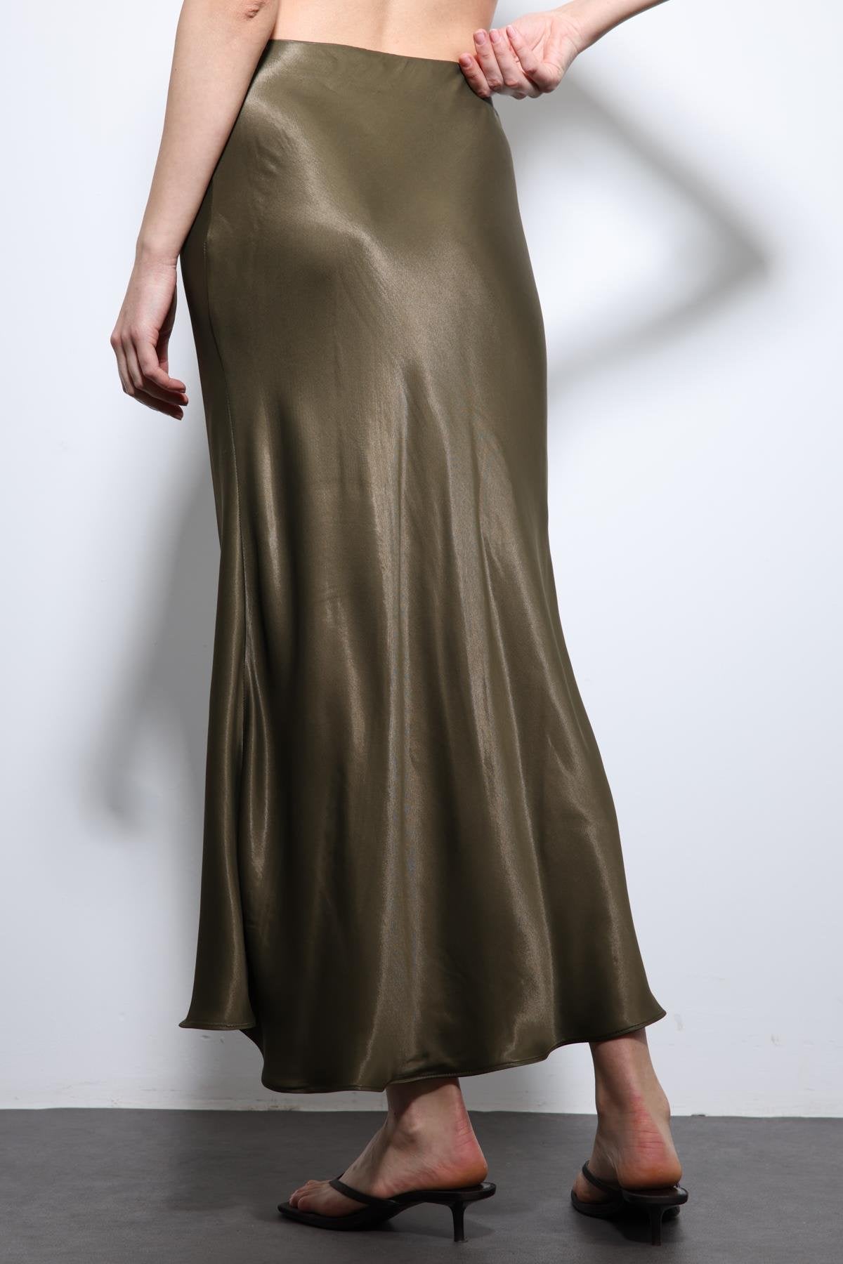 Antioch-Haki Saten Midi Etek-Etek-6-Milagron.com