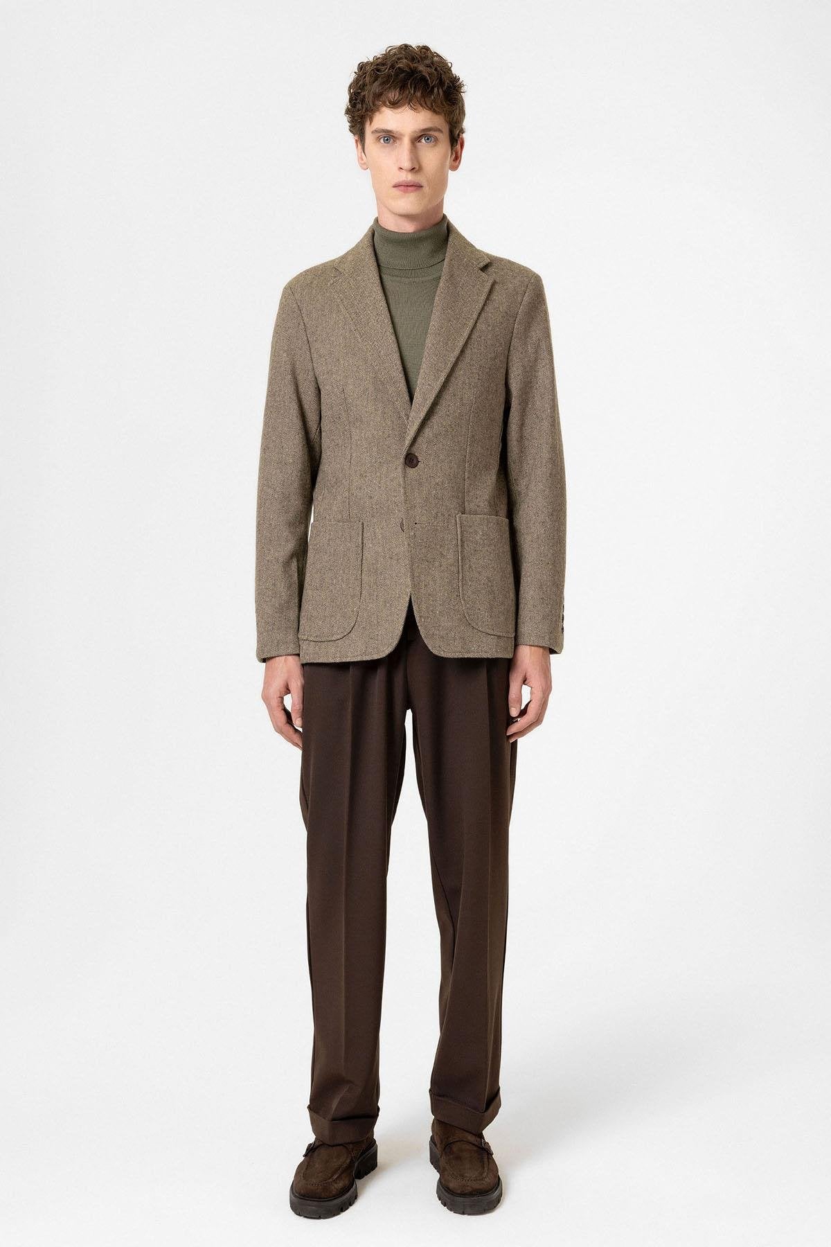 Antioch-Haki Slim Fit Balıksırtı Desenli Erkek Blazer Ceket-Blazer Ceket-3-Milagron.com